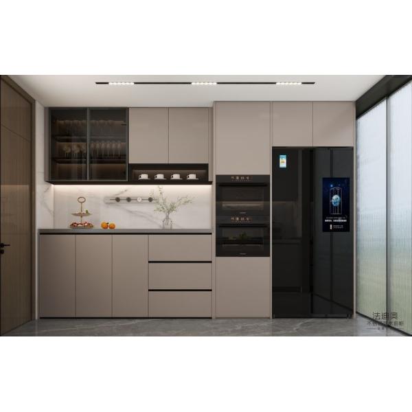 Armoires de cuisine en acier inoxydable modernes beige en forme de L avec conception de portes en verre