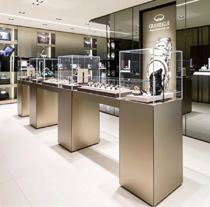 Modern Champagne Gold Watch & Jewelry Store Interior Design, Complete Turnkey Fixture Package with Modular Pedestal Showcase