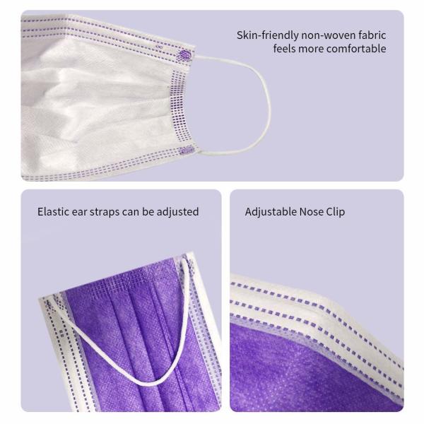 White list S&J Factory CE approved China medical mask supplier Type IIR 3ply 4ply disposable purple face mask medical earloop