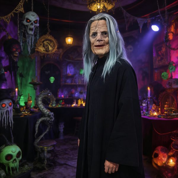 Scary Old Witch Mask with Long Pale Blue Hair, Wrinkled Latex Female Mask for Halloween Cosplay & Haunted House