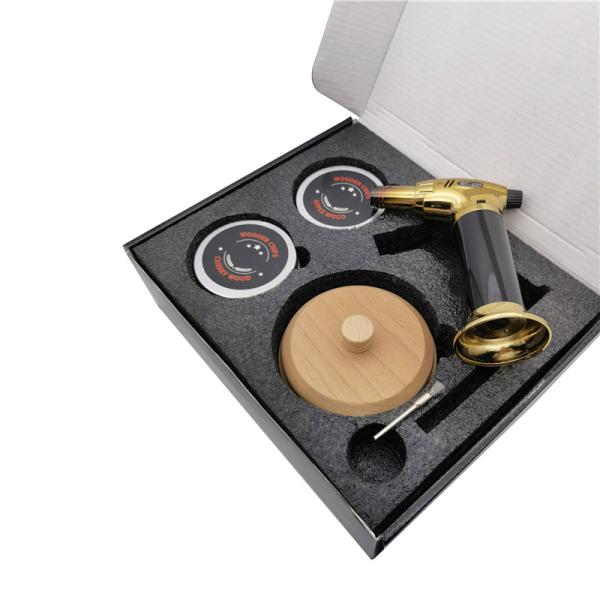 Nuevo diseño Kit de coctel de madera de fumar con antorcha personalizar Kit de coctel de whisky de fumar con hojas de madera cuchara