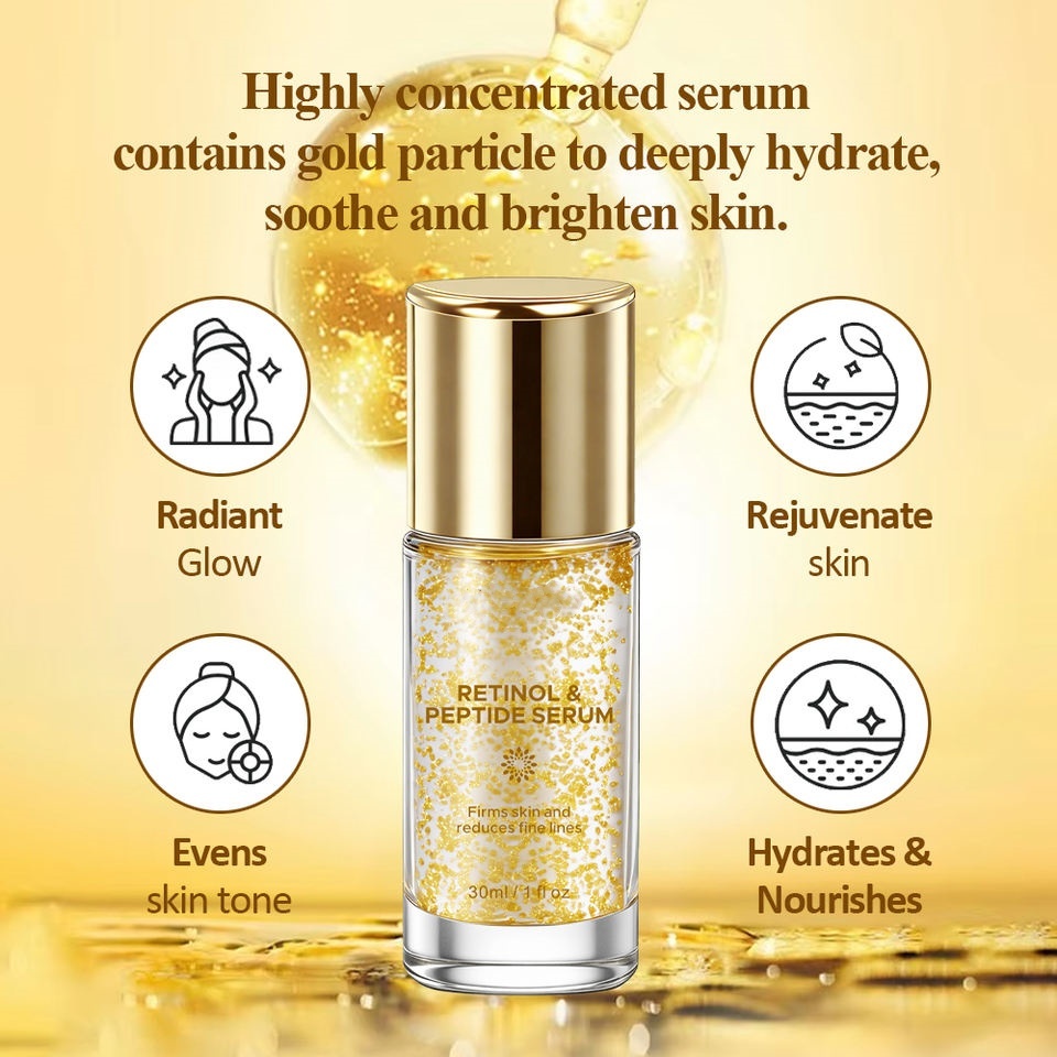 OEM ODM Brand Natural Facial Essence Gold Particle Retinol Peptide Anti-Wrinkle Firming Brightening Peptide Serum Skincare Product