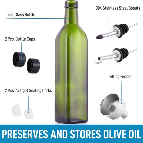 Glass Dark Green Kitchen Oil Bottle With Stainless Steel Spout Funnel Square 500ml 2pcs