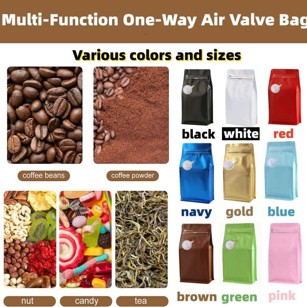 Food Grade Stand up Pouches with Valve Resealable Side Zipper Coffee Bean Bags Vented Storage Bags for Coffee Beans