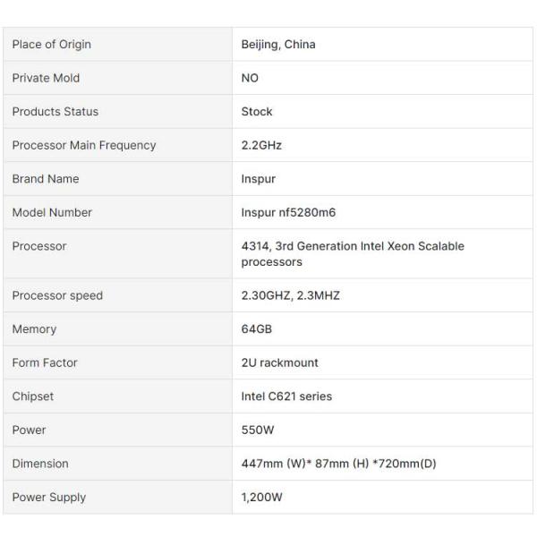 Inspur 2U Rack Data Server NF5280M6 Model Xeon Processor with 64GB Max Memory Capacity