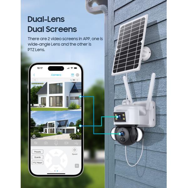 6MP CCTV 4G Solar Camera Dual Lens Flash Lights Outdoor PTZ