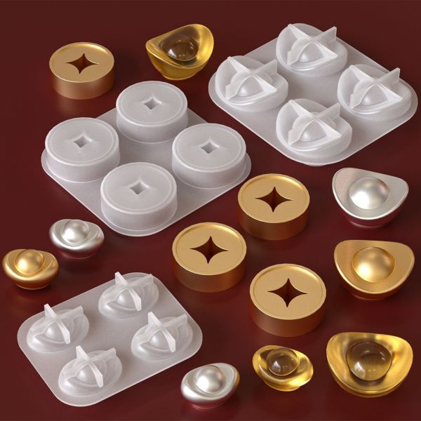 Spring Festival Celebration Silicone Mold DIY Four Grid Jubao Zhaocai Yuanbao Ping An Copper Coin Buckle Dropping Mold