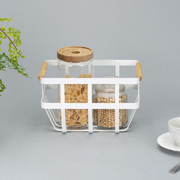 Home Kitchen Decorative White Metal Wire Storage Basket with Wood Handle