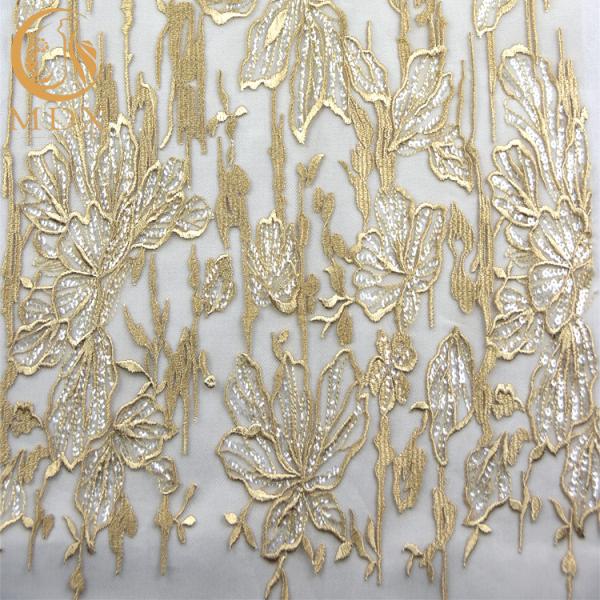 Delicate MDX Gold Color Embroidery Lace Fabric Mesh Sequins For Gown Dress