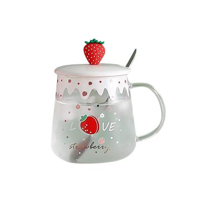 Pink Strawberry Shape Borosilicate Glass Cup 440ml With Heat Transfer