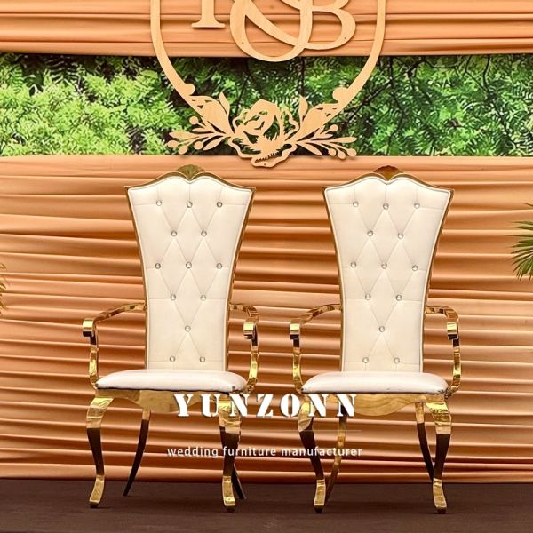 Manufactured White High Back Golden Rental Stainless Steel Hotel Banquet Event Wedding Couple Arm Chairs