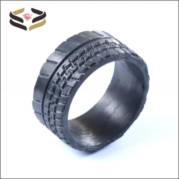 Round Black Carbon Fiber Band 10mm With Cubic Zirconia Inlay And Truck Tire Pattern