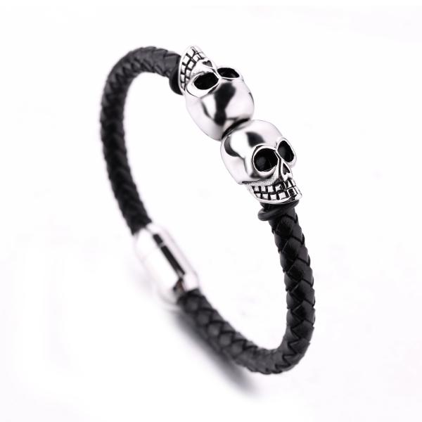 Fashion jewelry custom engraved leather bracelet stainless steel magnetic clasps leather men skull bracelet