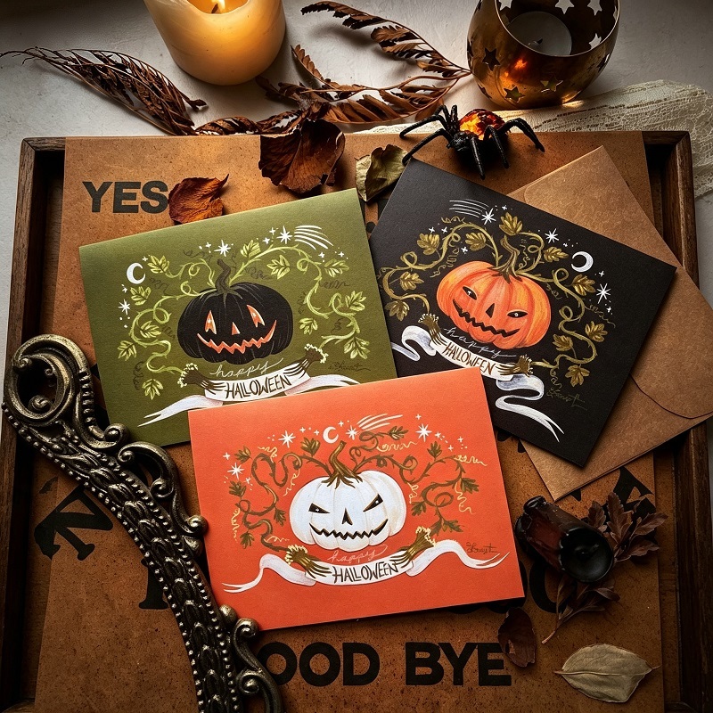 Halloween Pumpkin Illustration Greeting Cards With Envelopes For Seasonal Gifting