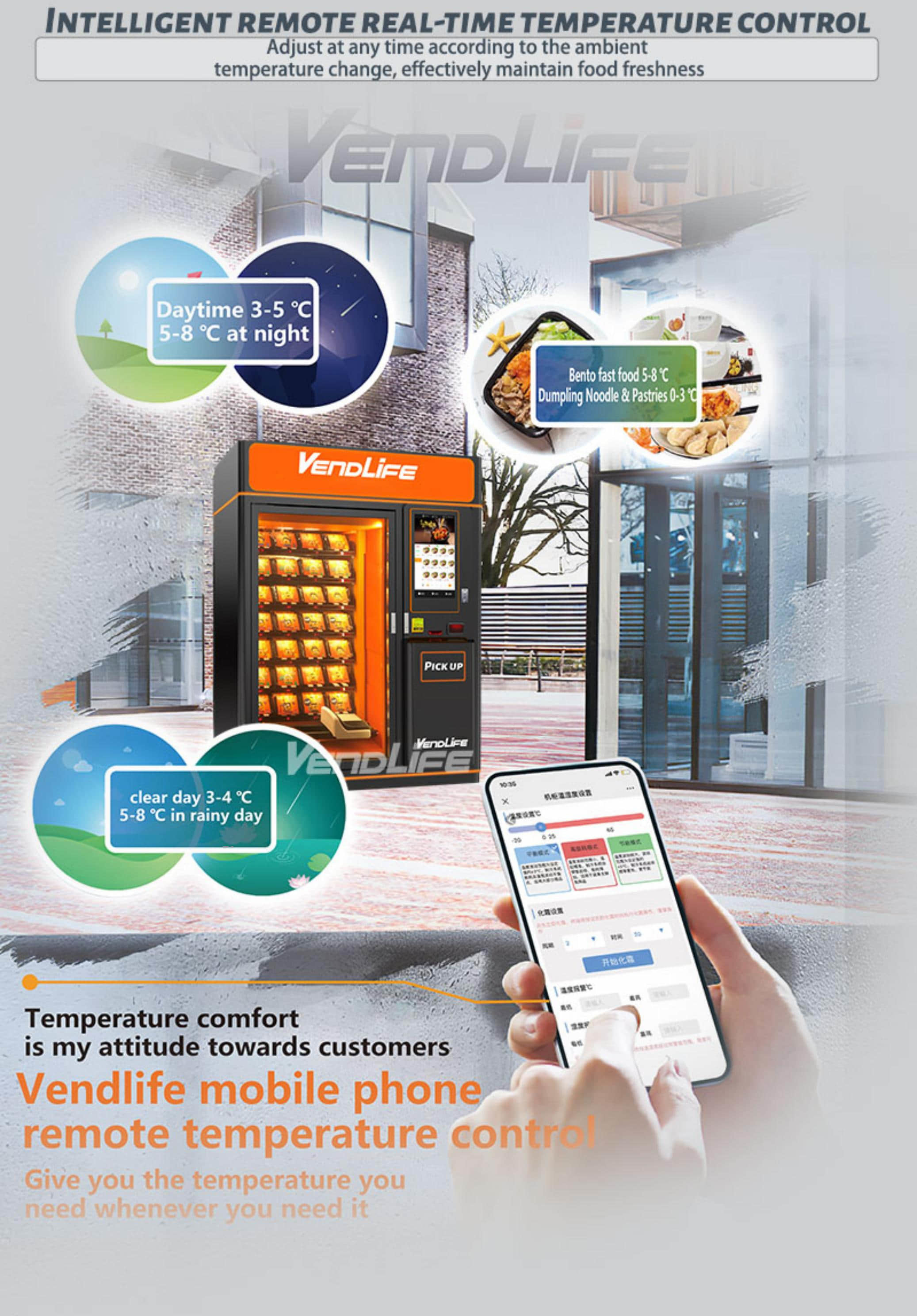 Premade Intelligent Micro Supermarket  Commercial Hot Cold Refrigerated Bento Vending Machine Elevator Track Automatic Pizza Dumpling Food Vending Machine With 32 Inch Touch Screen Remote Temp Control