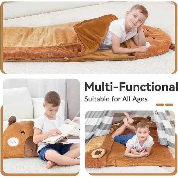 Kid Plush Capybara Slumber Bag, Toddler Girl Boy Nap Mat, 2 In 1 Brown Animal Pillow