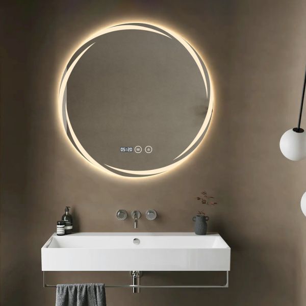 Modern Round Bathroom Mirror Anti Fog Waterproof Wall Mounted Lighted Makeup Mirror