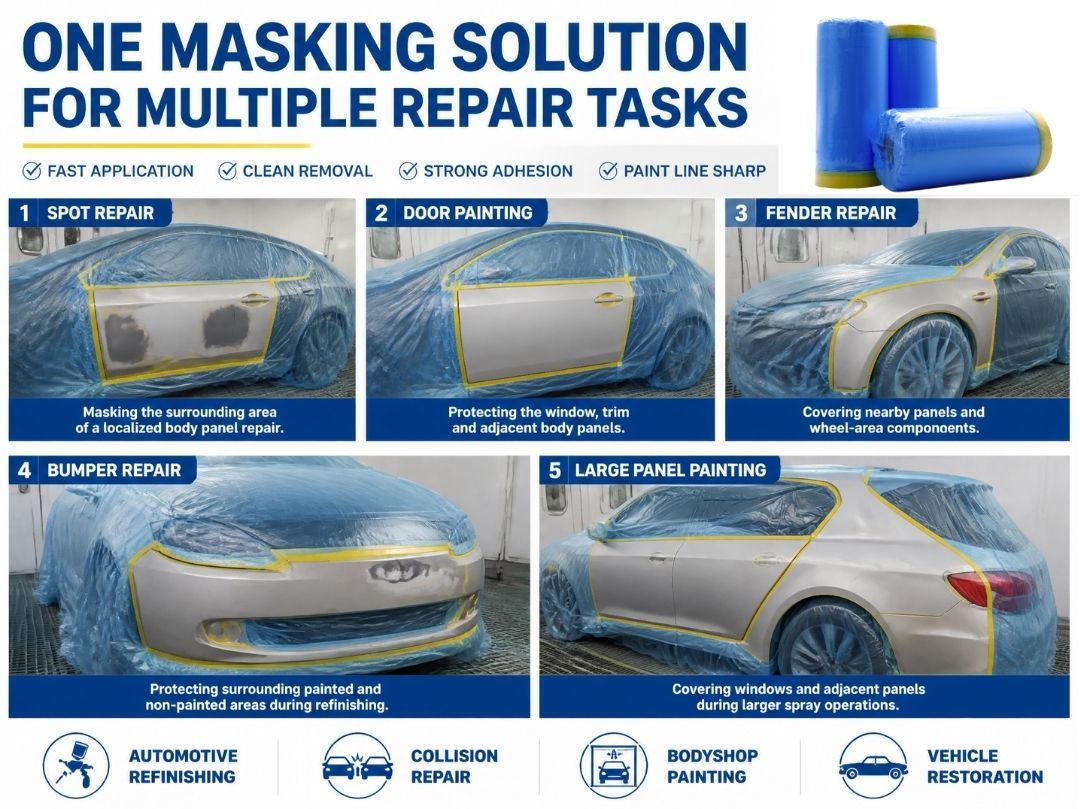 Pre-Taped Masking Film Automotive Car Refinishing Paint Overspray Protection for Body Panels