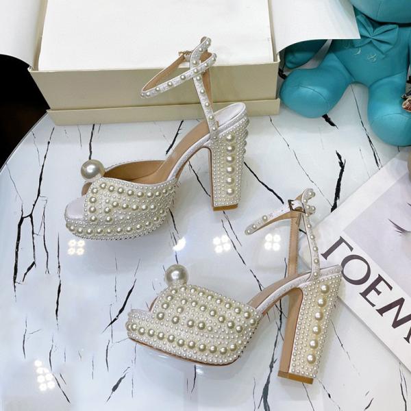 Pearl inlaid design women's high heel sandals，open toe height increasing women sandals