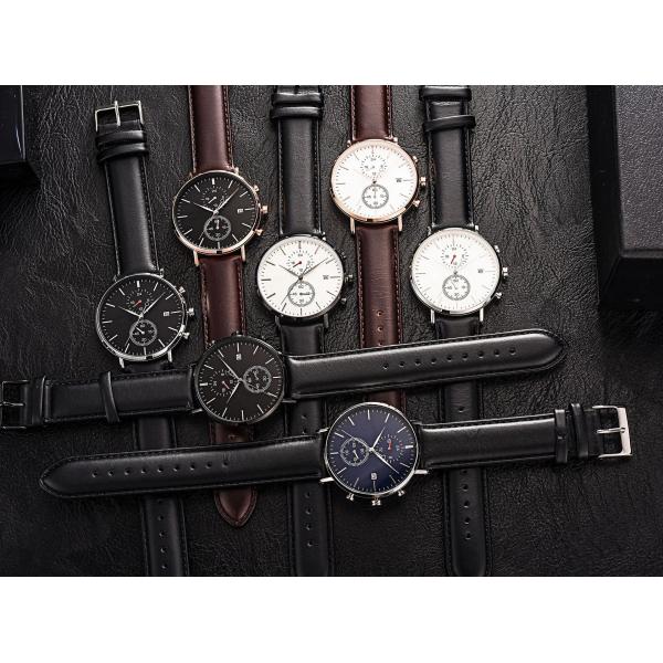 Chronograph Function Alloy Men Quartz Wristwatch Black Genuine Leather Strap Watch