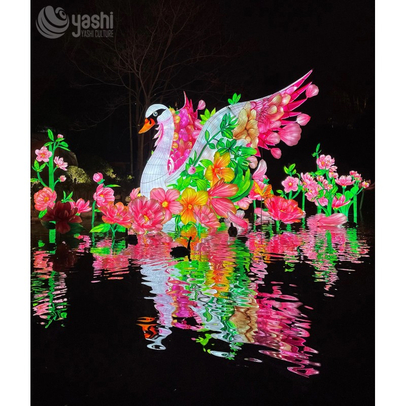 Custom White Swan & Flower Zigong Lantern, Water Landscape Light Sculpture, Waterproof Outdoor Lake Floating Festival Light Installation