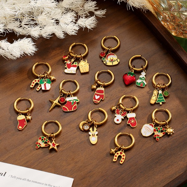 Stainless Steel 18K Gold Plated Christmas Series Design Hoop Earring Cute Santa Claus Christmas Tree Charms Jewelry Earrings