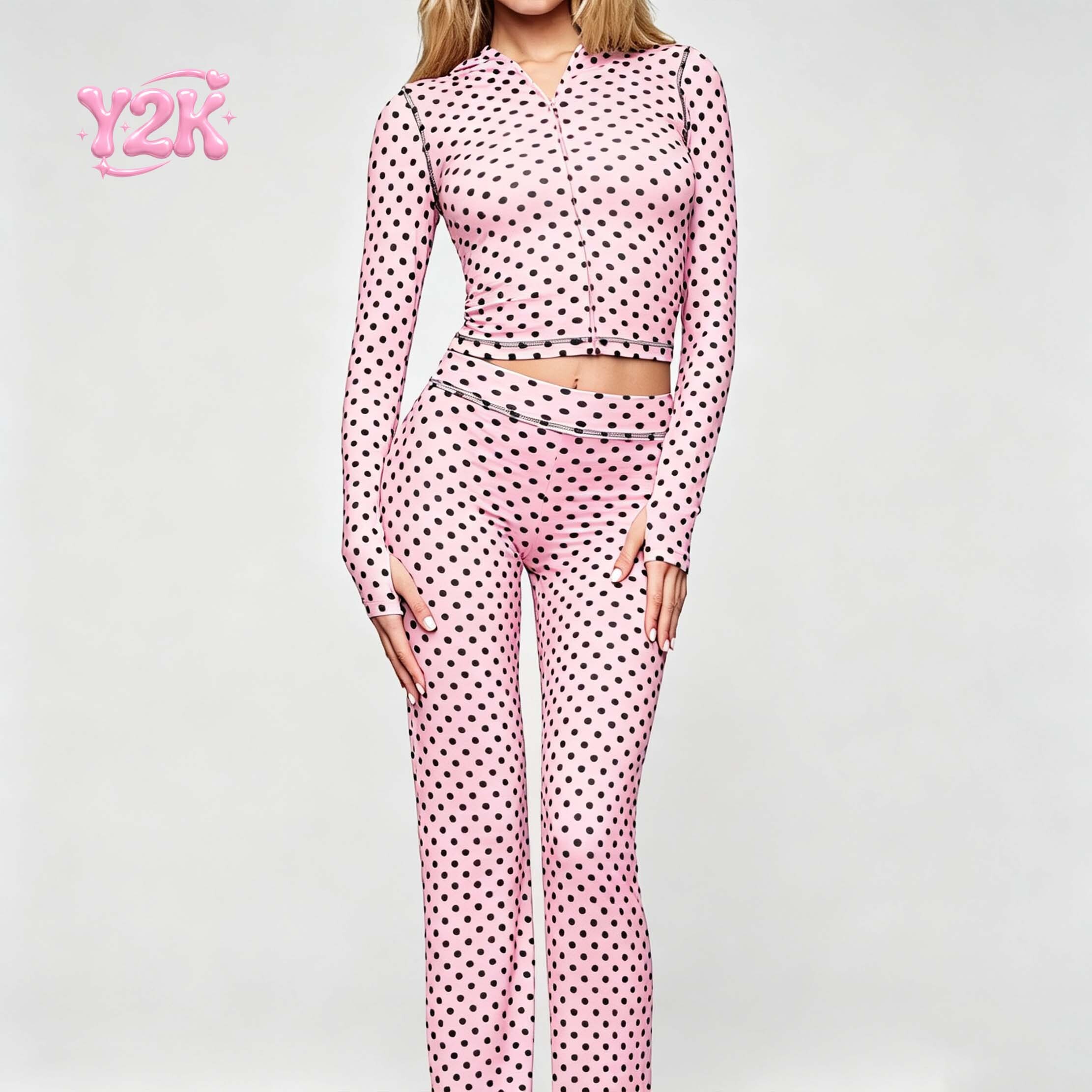 Custom Pink Polka Dot Zip Up Jacket & High Waist Leggings Set