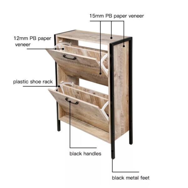 Industrial Metal wood Narrow Shoe Cabinet Entryway Shoe Rack For Home 2 Tiers