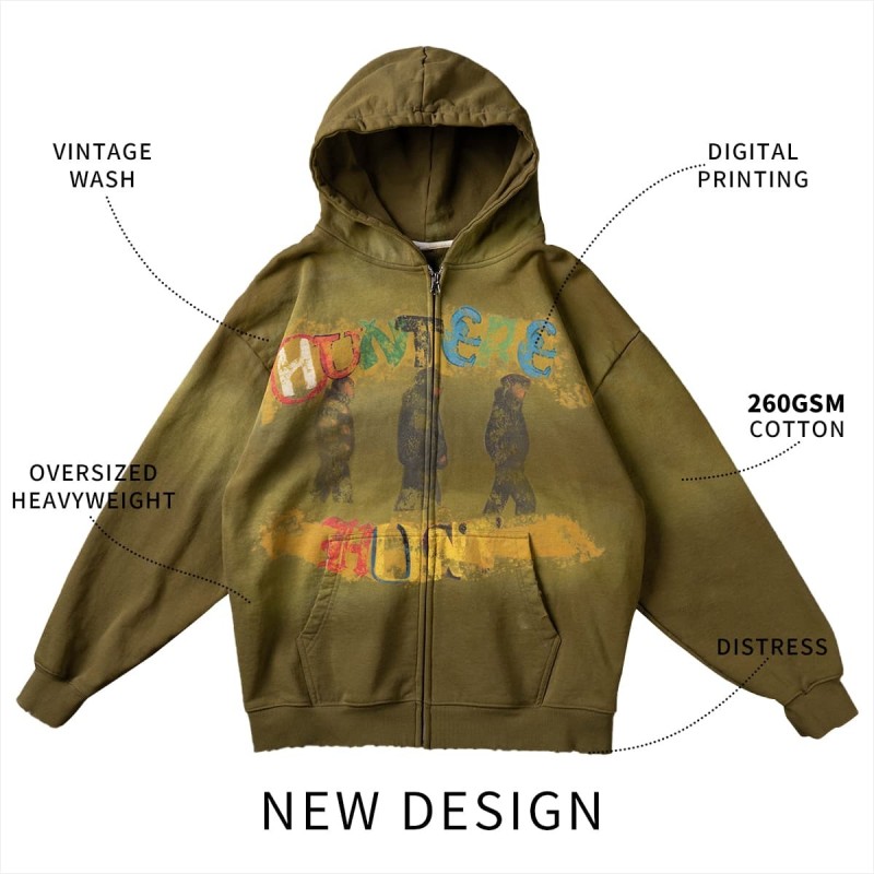 Oversized Vintage Hoodies Zip Up Hoodie With Digital Print Distressing