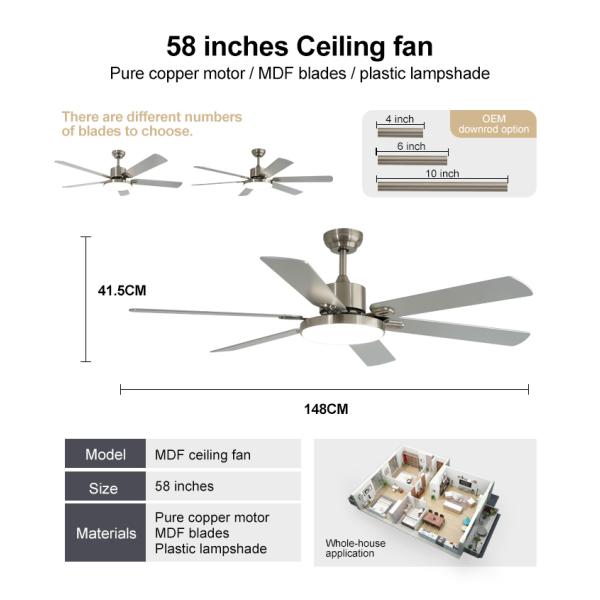 Ventilador de teto LED de vento natural de alto volume com 6 lâminas de MDF e estilo de design moderno 10-