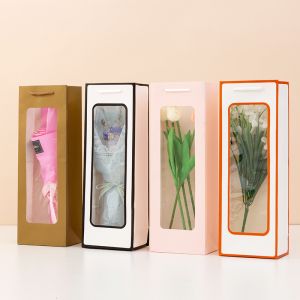 Transparent Window Floral Gift Bags Universal Kraft Paper Wine Bottle & Fresh Flower Handbags Rectangular Design For Bouquet Packaging