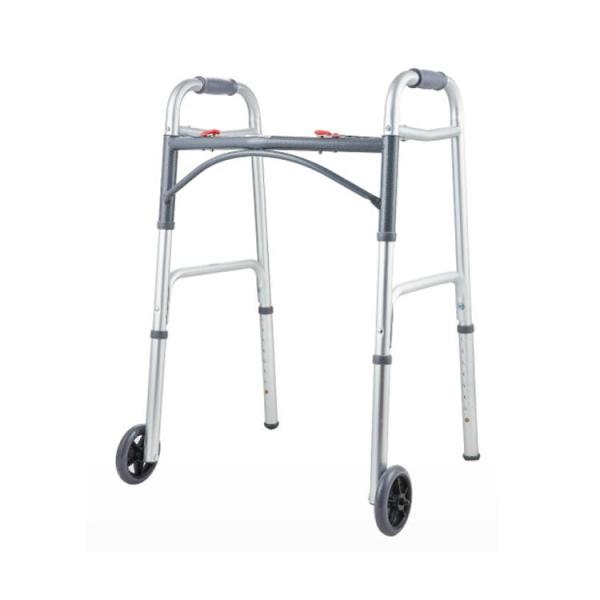 Adult Dual Button Aluminum Folding Walker with 2 Wheels
