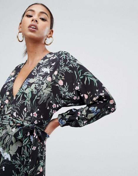 custom made hot sale tie waist maxi dress with side split in dark floral