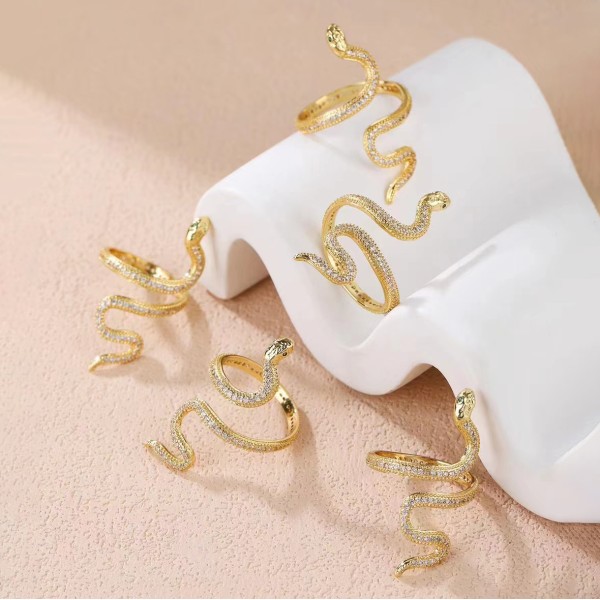 Factory Lovely Trendy Finger Rings 14K Gold Plated Adjustable Fashion Micro Set Zircon Snake Opening Ring