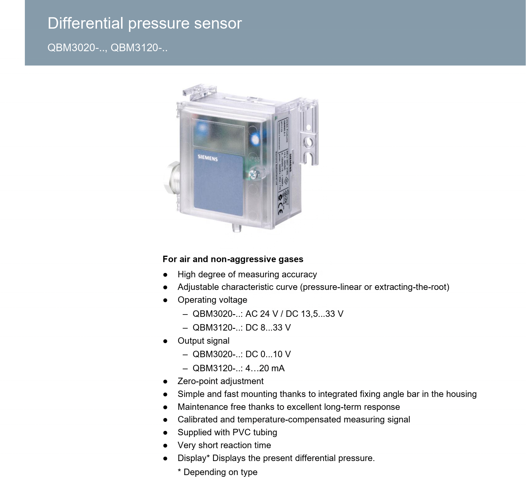 Siemens QBM3020-10 Differential Pressure Sensor for Industrial Automation with Plastic Material and Universal Motor Type