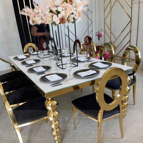Modern Heavy-Duty Metal Legs Banquet Table with Gold Stainless Steel & MDF Top for Hotel Wedding Dining Outdoor Living Room Use