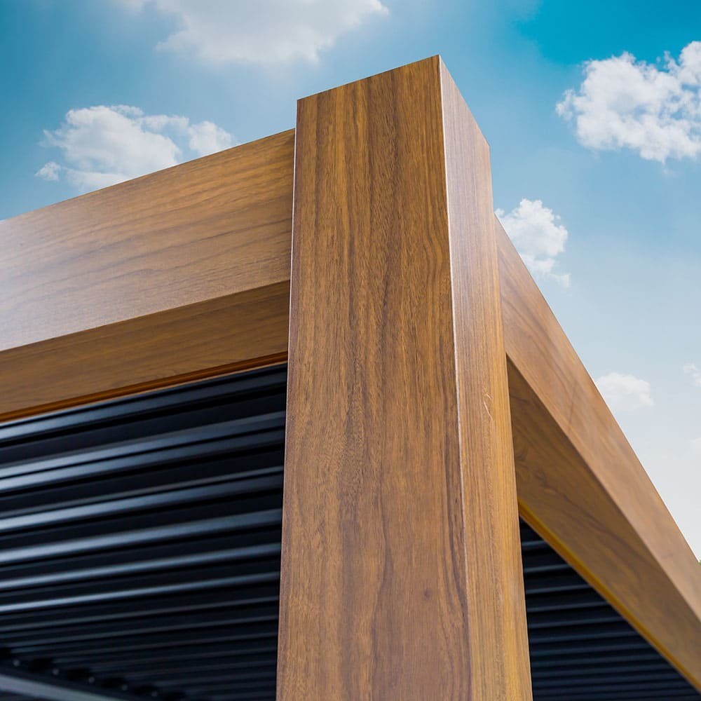 Modern Aluminum Terrace Canopy Roof Louvered Arbours Rot Proof Wooden Coated Pergola