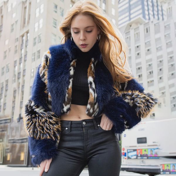 Patchwork style Navy Faux Fur Jacket
