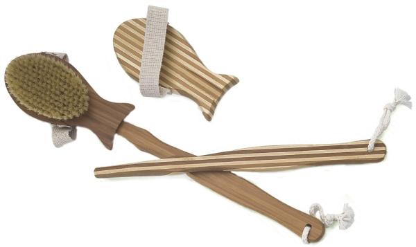 Bamboo Detachable Handle Body Bath Scrub Brush Separable Fish Shape Head With Hand Belt