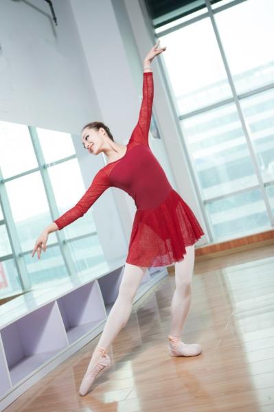 Adult long sleeve round collar U style back with bowknot lace split joint ballet dance leotard dress