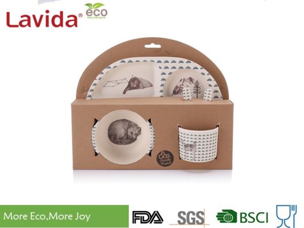 Dishwasher Safe Bamboo Childrens Dinner Set With Serving Tray Bowl Mug Fork Spoon