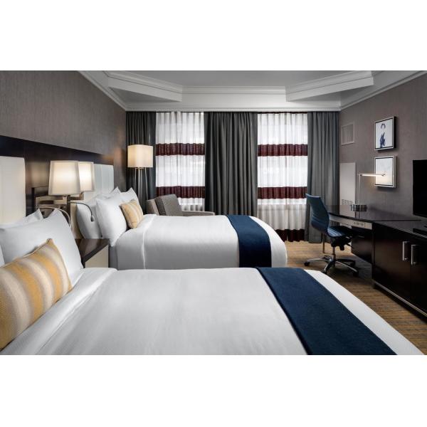 laminated Oak wood Hotel bedroom Furniture sets Tall headboard with Fabric upholstered padded and TV units Contemporary