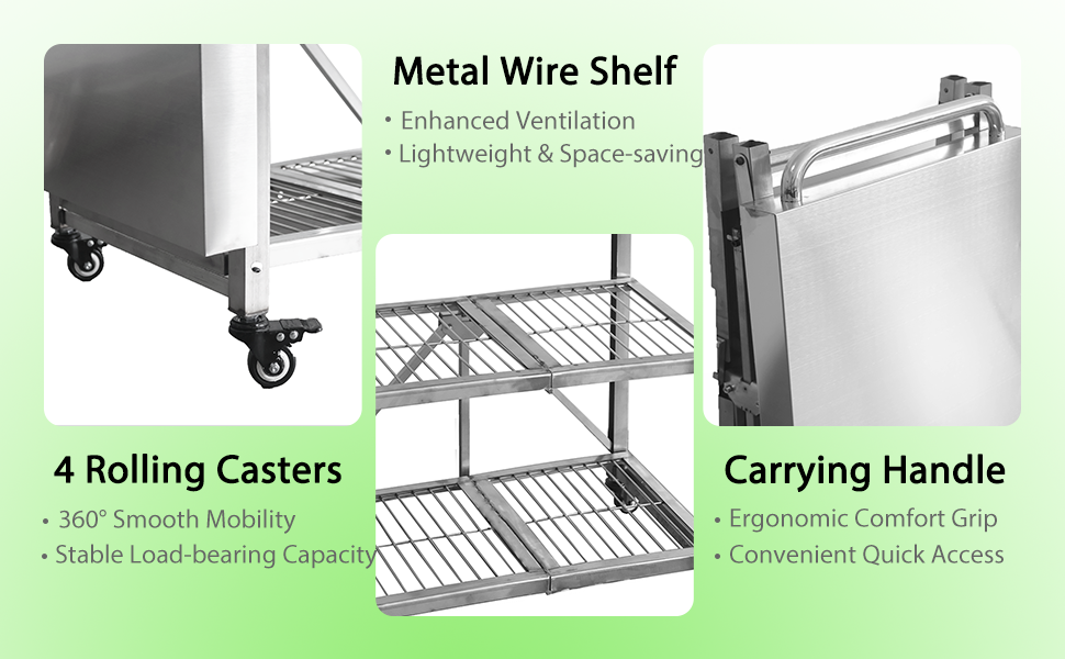 Foldable Stainless Steel Kitchen Cart With Wheels | Portable Kitchen Island, Microwave Stand & Storage Cart For Home, Restaurant & BBQ