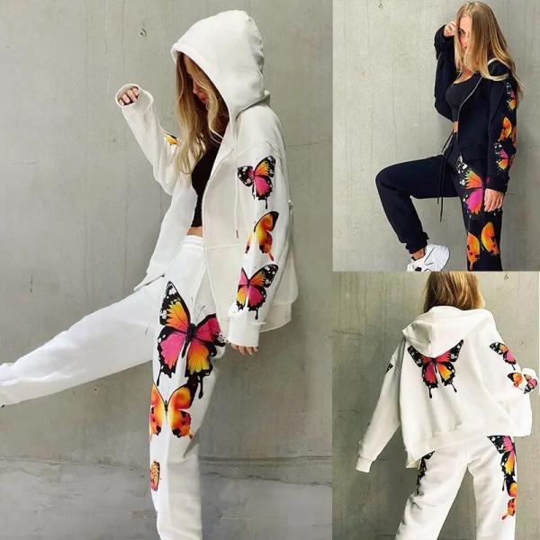                  Casual Print Long Sleeve Cardigan Hoodie Sweatpants Women 2 Piece Sweatsuit Tracksuit Set             