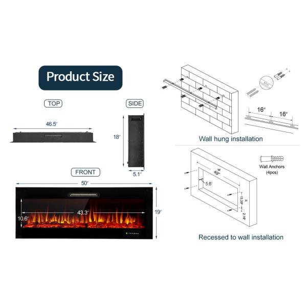 50 дюймов 15 цветов пламени WN-D50 Электрический камин с встроенными современными 3D светодиодными лампами