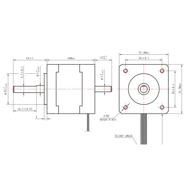 Dual Shaft Nema 14 Stepper Motor 4 Leads 34mm 1.8deg 18Ncm 25.56oz.in 0.8A Step Motor