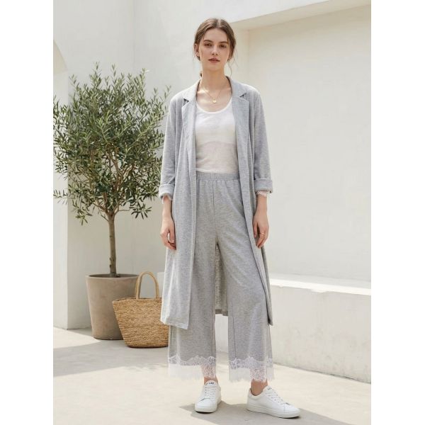 Stylish Lace-Trimmed Hem Knit Trousers, High-Quality Blended Fabric of 40% Lenzing™ Modal, 37% Cotton, 17% Polyester and 6% Spandex, Skin-Friendly Elastic Daily Knit Pants