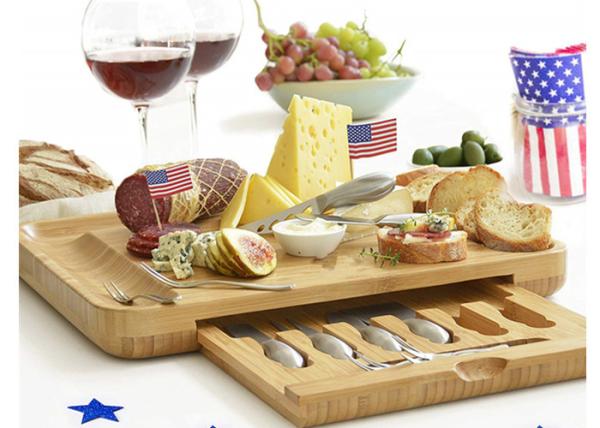 Bamboo Wooden Cheese Board With 6 Stainless Steel Cheese Knives & 6 Appetizer Forks