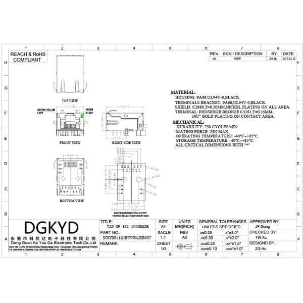 Pcb Джек 8p12 Rj45 защищал 1 гаван RJ45 модульное гнездо PA66 с СИД