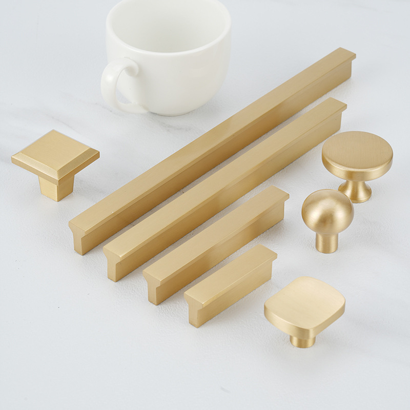 Modern Solid Brushed Brass T-Shaped Handle Brushed Gold Wardrobe Kitchen Cabinet Pull for Furniture Drawer Santaya Model 8801